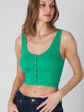 NEW Nikibiki Kelly Green Ribbed Button Front Crop Tank One Size